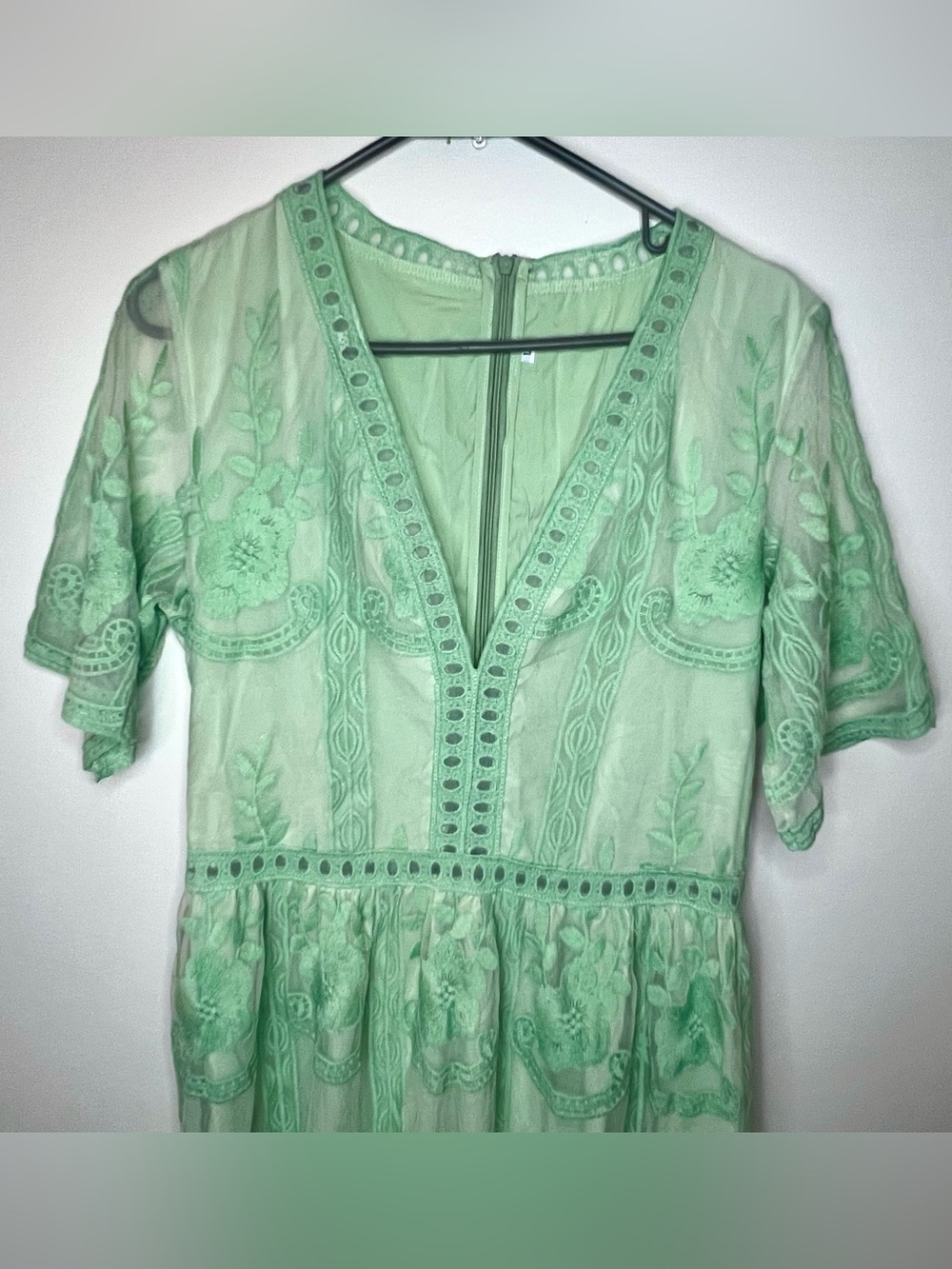 Mint Green Boho Lace Embroidered Mesh Overlay Maxi Dress Cottagecore Fairycore L - Picture 2 of 6